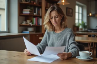 Femme lisant attentivement un contrat d'assurance habitation à une table en bois dans un appartement moderne