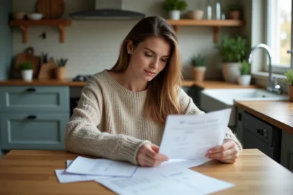Femme examinant une facture de gaz dans une cuisine moderne
