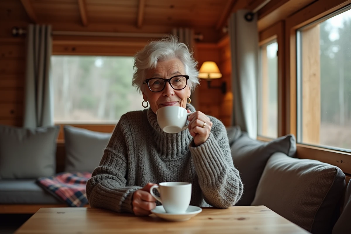 Femme âgée lisant et buvant du thé dans un chalet