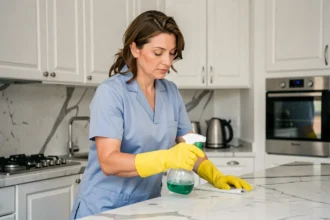 Femme de ménage auto-entrepreneur en tablier bleu nettoyant un plan de travail dans une cuisine moderne