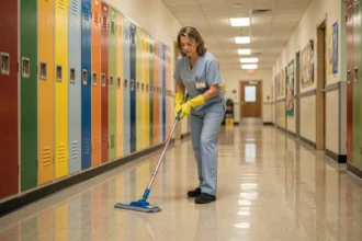 Femme de ménage en uniforme bleu nettoyant le couloir d'une école primaire avec des casiers colorés en arrière-plan