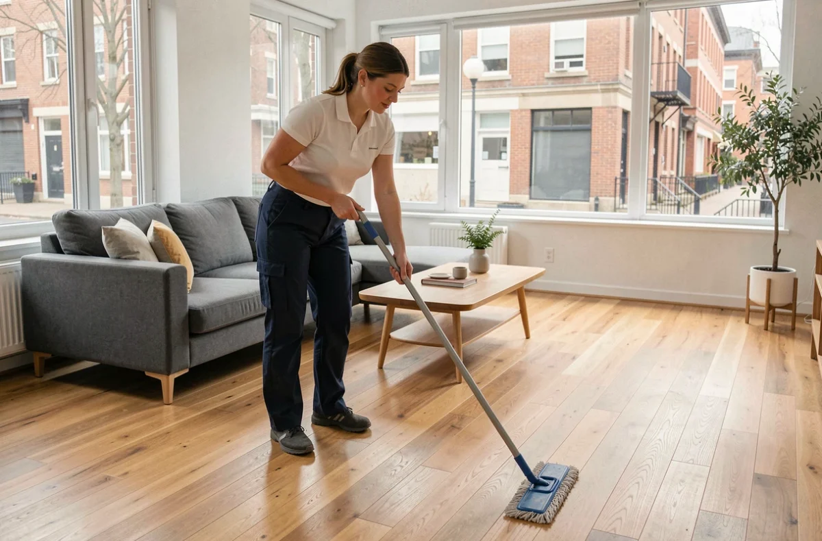 Auto-entrepreneuse femme de ménage en tenue professionnelle lavant le parquet d'un salon moderne