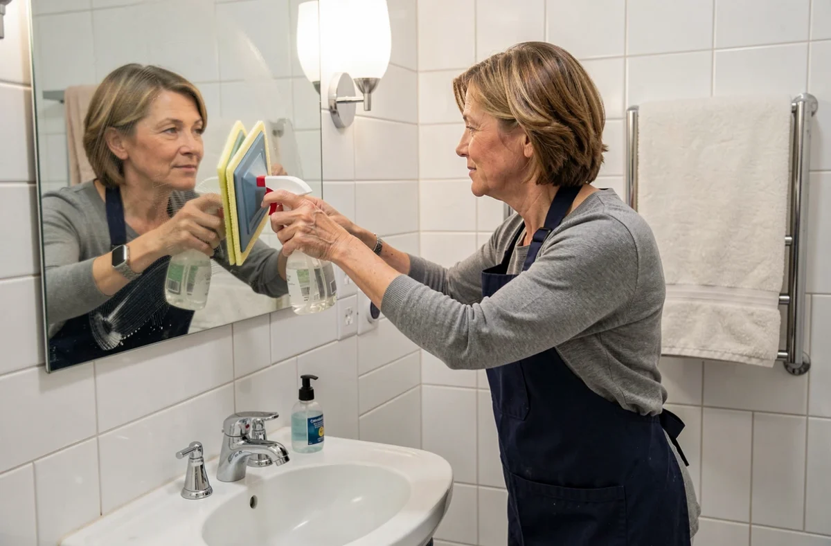 Femme de ménage professionnelle nettoyant un miroir de salle de bain dans une résidence haut de gamme