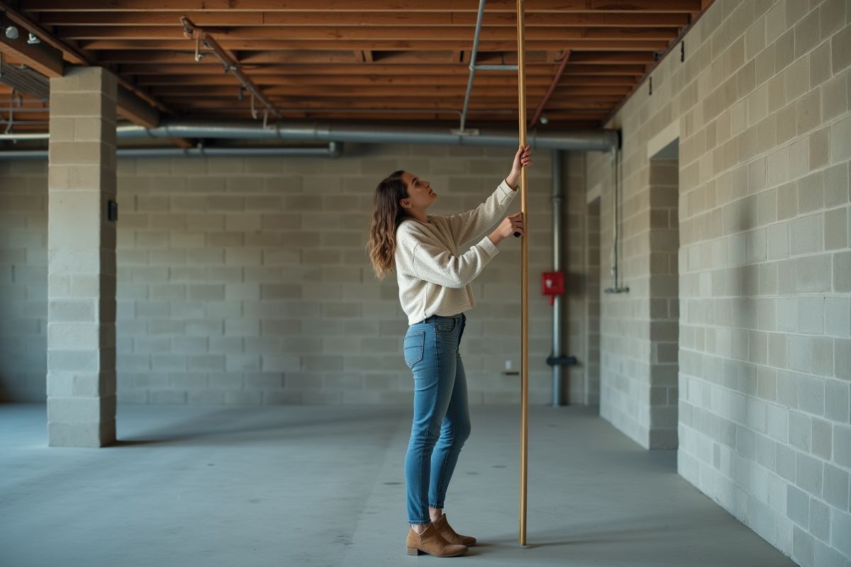 Jeune femme vérifiant la hauteur du plafond avec une règle