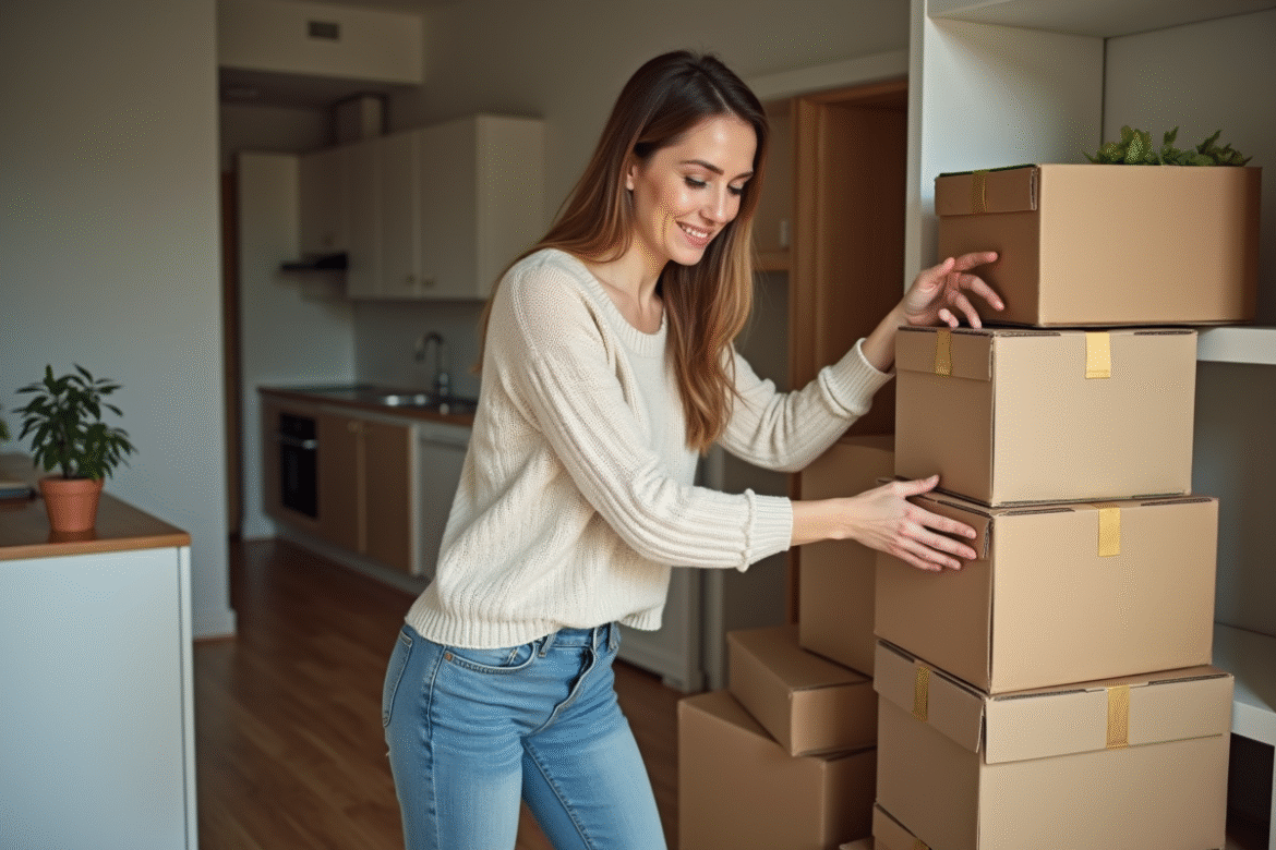 Femme organisant des cartons dans un salon moderne