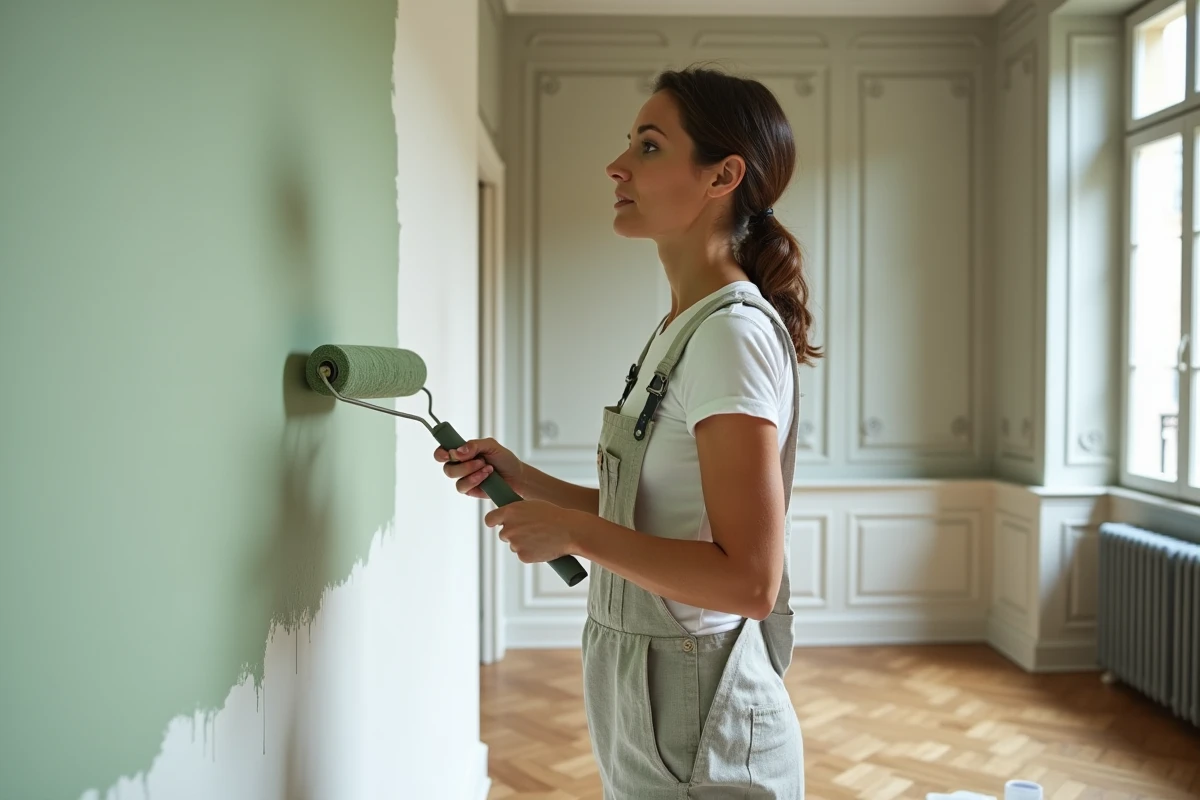 Femme appliquant une peinture vert sauge sur un mur de salon parisien avec un rouleau, sol en parquet chêne, ambiance décoration intérieure soignée