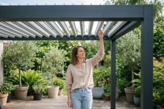 Femme ajustant une pergola bioclimatique dans un jardin