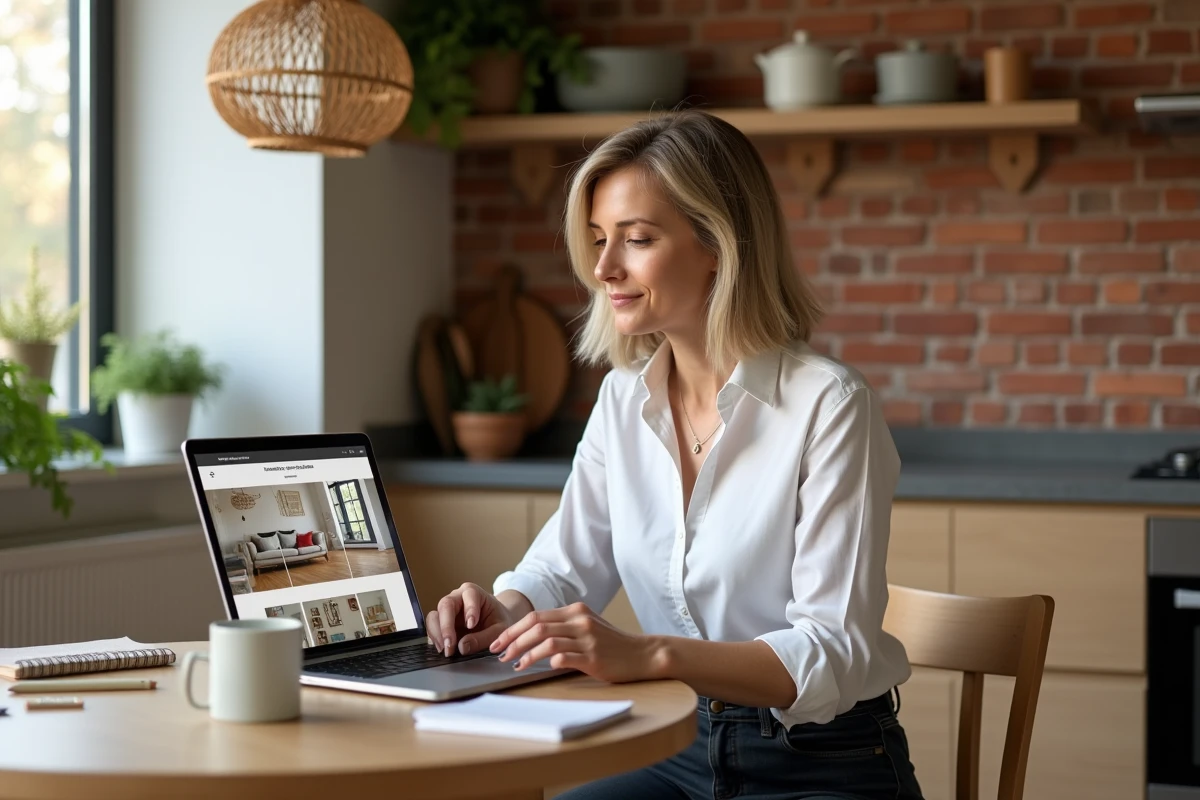 Femme planifiant sa décoration intérieure avec une application sur ordinateur portable à une table en bois dans une salle à manger chaleureuse avec mur en brique