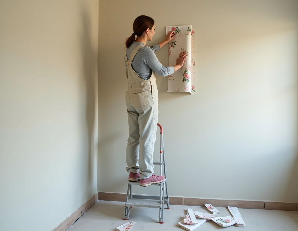Femme posant une bande de papier peint fleuri sur un mur de chambre à coucher de 2,50 mètres de hauteur