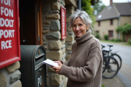 Femme souriante récupérant du courrier dans une boîte aux lettres rurale