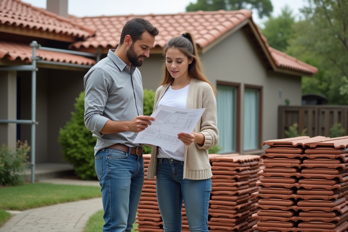Jeune femme examinant devis et tuiles neuves devant la maison
