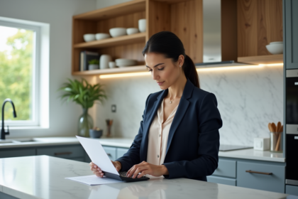 Femme en cuisine moderne examinant des papiers et utilisant une calculatrice