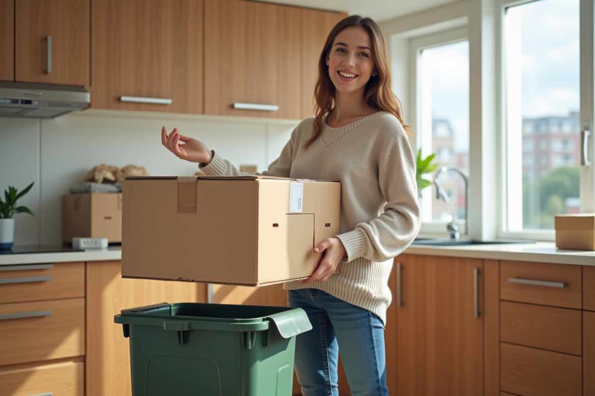Jeune femme plie des cartons dans une cuisine lumineuse