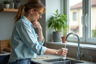 Femme d'âge moyen remplissant un verre d'eau dans la cuisine