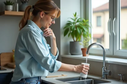 Femme d'âge moyen remplissant un verre d'eau dans la cuisine