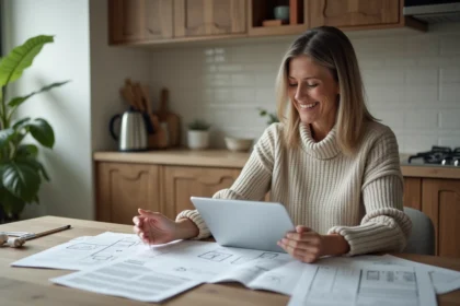 Femme souriante regardant un plan de renovation cuisine