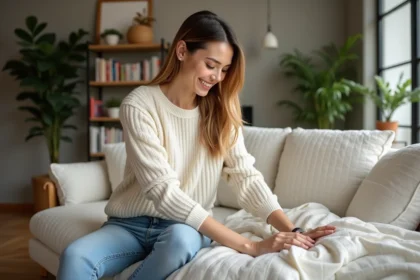 Femme souriante ajustant une housse de canapé moderne