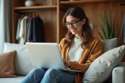 Femme assise sur un canapé moderne utilisant un site de design de garde-robe