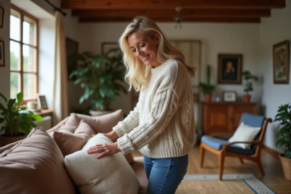 Femme dans un salon rénové arrangeant des coussins