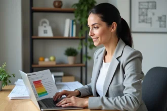 Femme consultant un simulateur DPE en ligne sur ordinateur portable dans un bureau à domicile moderne