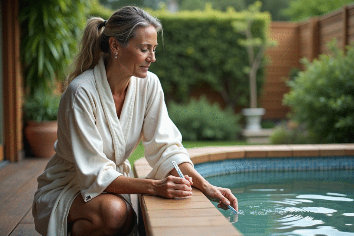 Femme en robe coton testant l'eau du spa extérieur