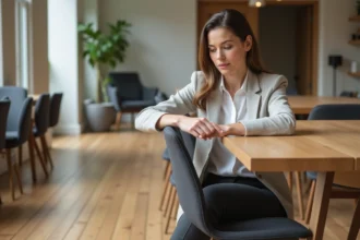 Femme en tenue décontractée ajustant une chaise de salle à manger