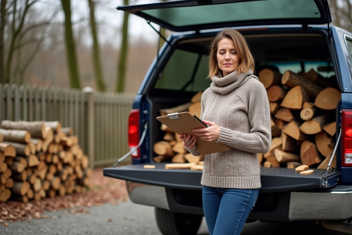 Femme comptant des bûches dans une camionnette