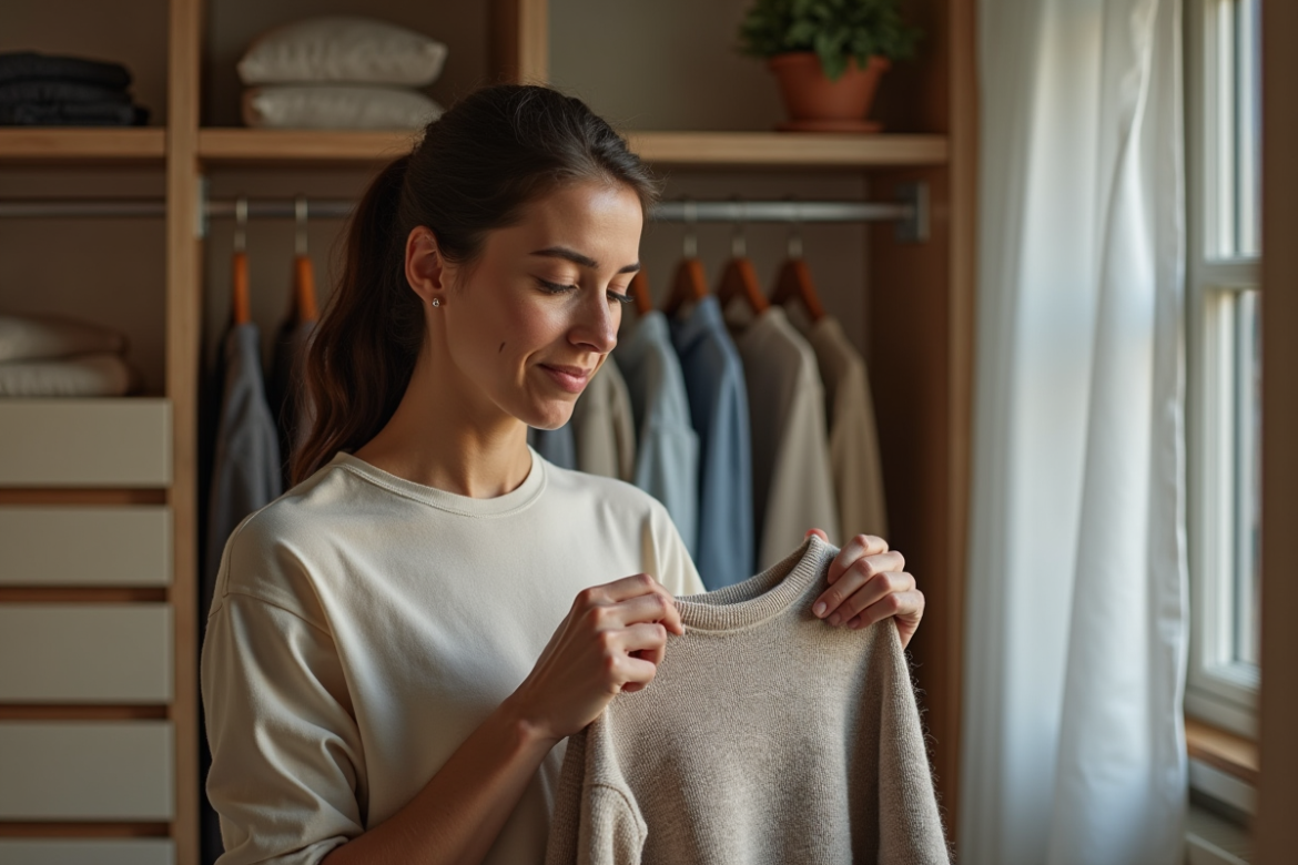 Femme examinant un pull en laine avec des trous