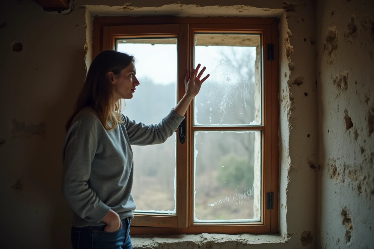 Femme inspectant une fenêtre à simple vitrage dégradée avec condensation dans une maison ancienne