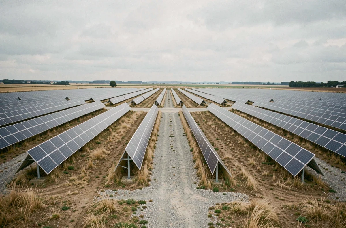 Ferme solaire à grande échelle dans la campagne française avec rangées de panneaux photovoltaïques bifaciaux s'étendant à l'horizon