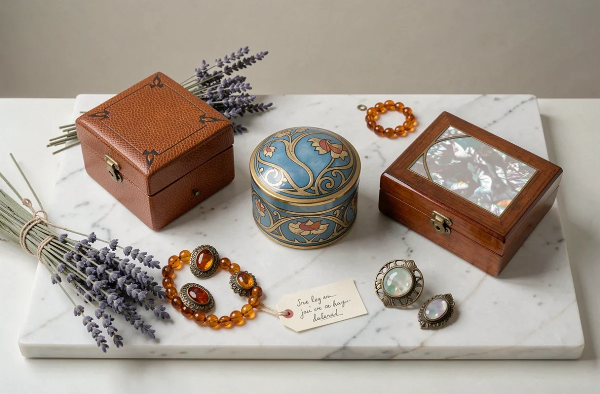 Flat lay de trois boîtes à bijoux vintage aux styles différents sur marbre blanc, entourées de broches anciennes, perles d'ambre et lavande séchée pour un cadeau mémorable