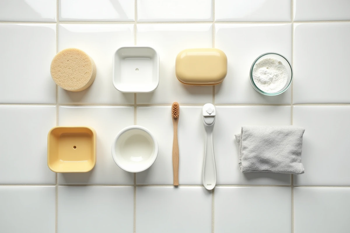 Mise à plat d'objets en plastique jauni avec du bicarbonate de soude à différentes étapes du blanchiment