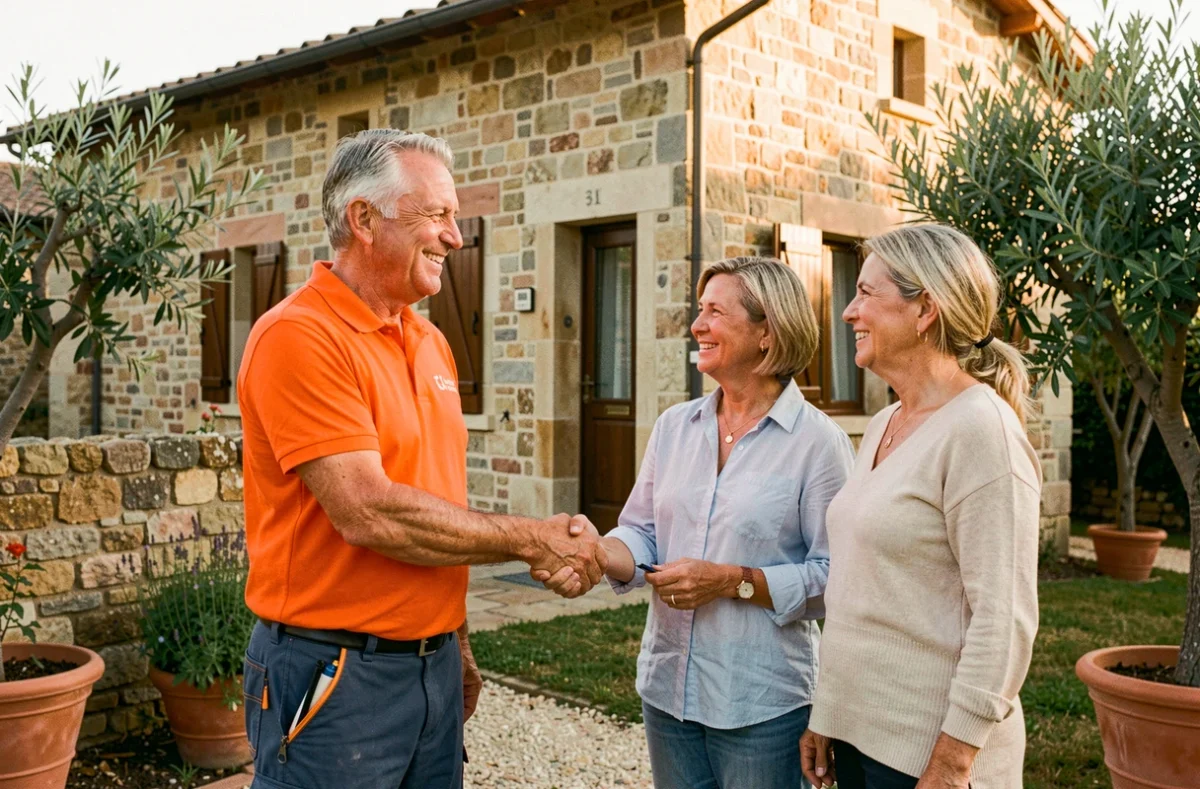 Représentant de Gabriel Habitat remettant une façade rénovée à des propriétaires en Provence