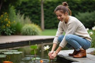 Bassin de jardin aménagé avec des plantes et des pierres décoratives