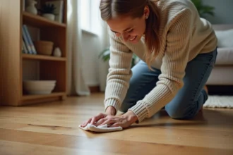 Enfants jouant sur un plancher de bois rayé par des éraflures