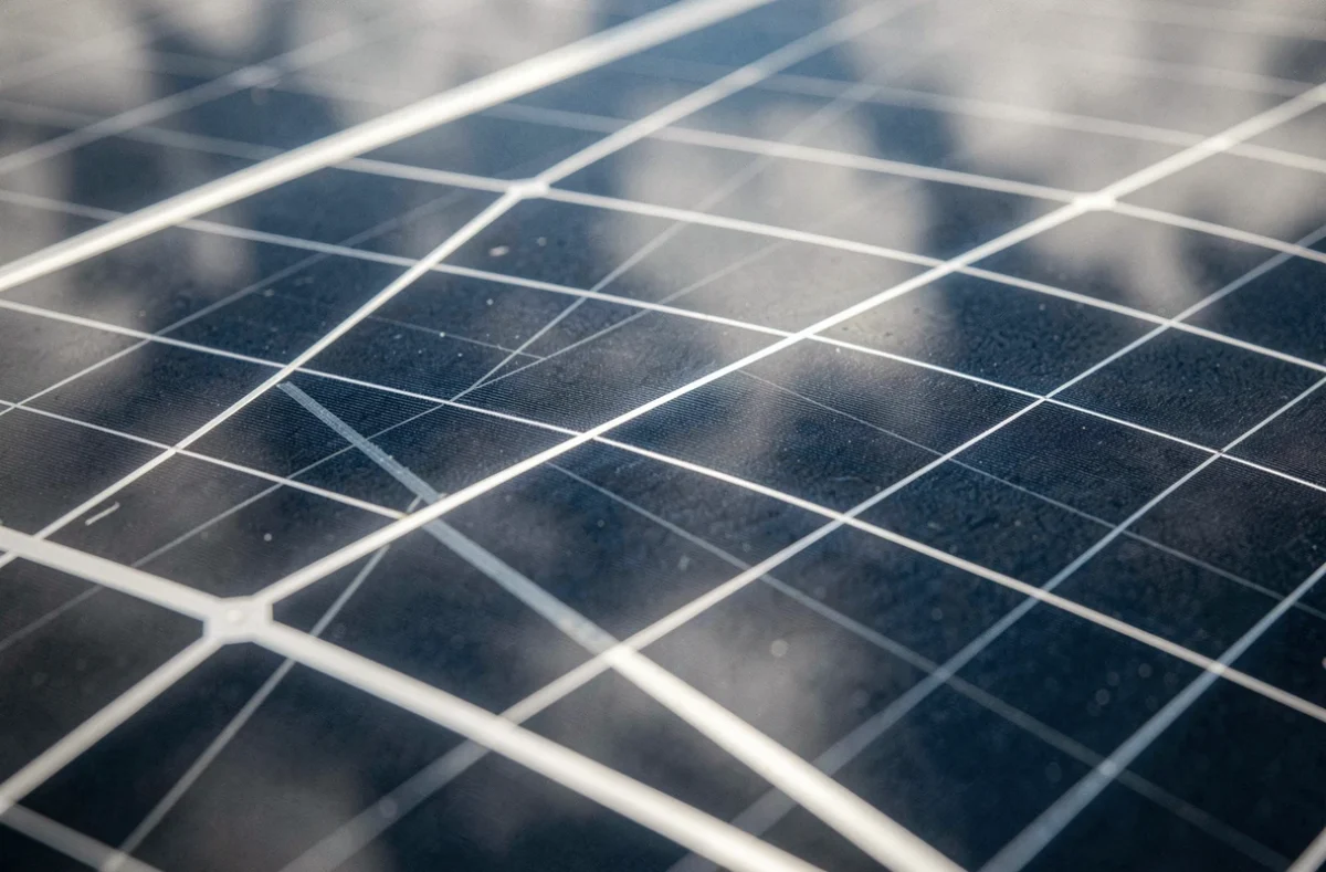 Gros plan sur les cellules monocristallines d'un panneau solaire 400W avec reflets de ciel