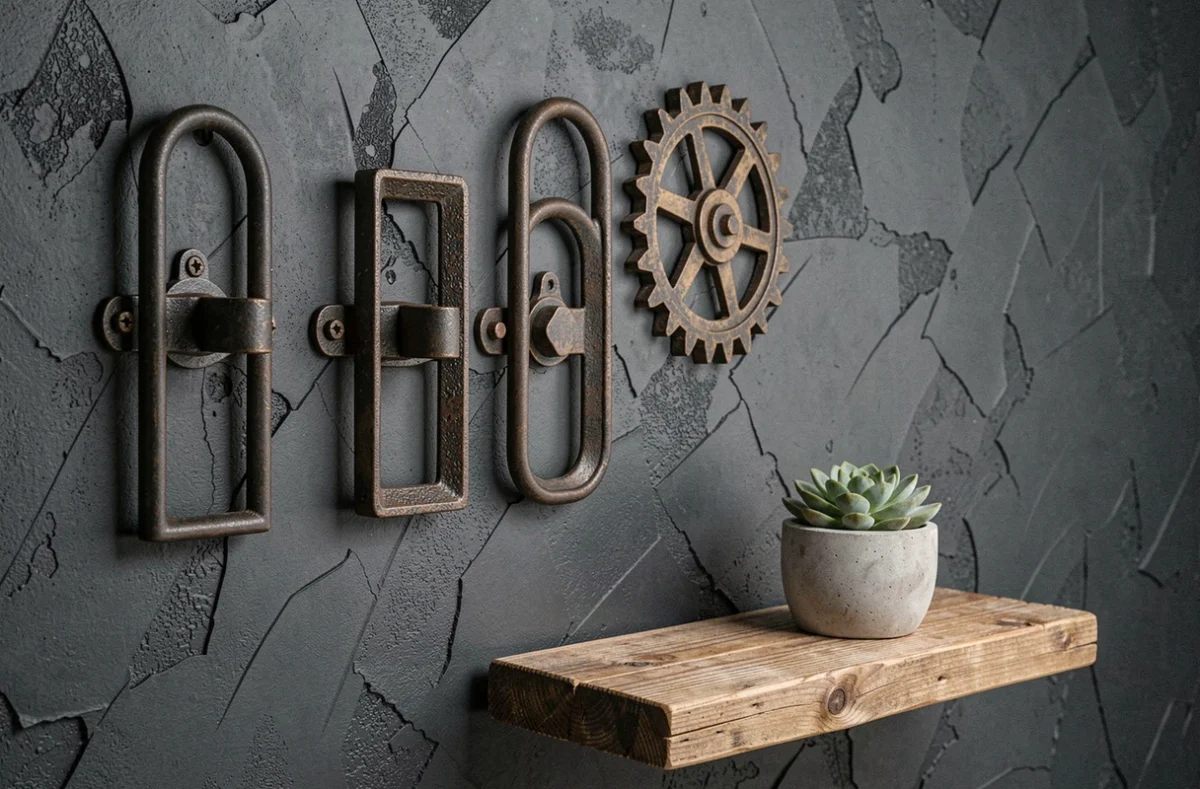 Gros plan sur une décoration murale style industriel avec appliques en fer forgé, engrenage vintage et étagère en bois flotté sur plâtre anthracite