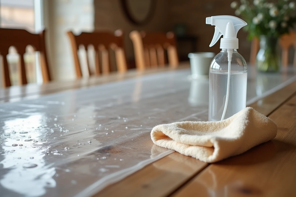 Gros plan sur une toile cirée transparente épaisse en cours de nettoyage avec spray et chiffon doux sur table en chêne