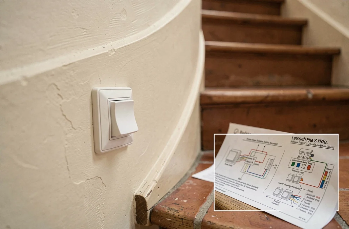Gros plan sur deux interrupteurs poussoirs pour escalier avec schéma de branchement posé sur une marche