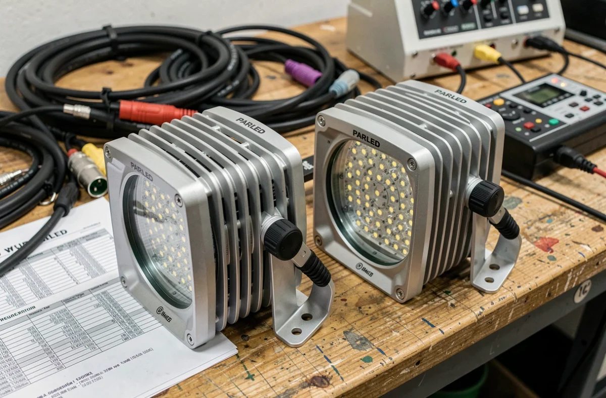 Gros plan sur des projecteurs PARLED posés sur un établi technique avec câbles DMX et fiches techniques