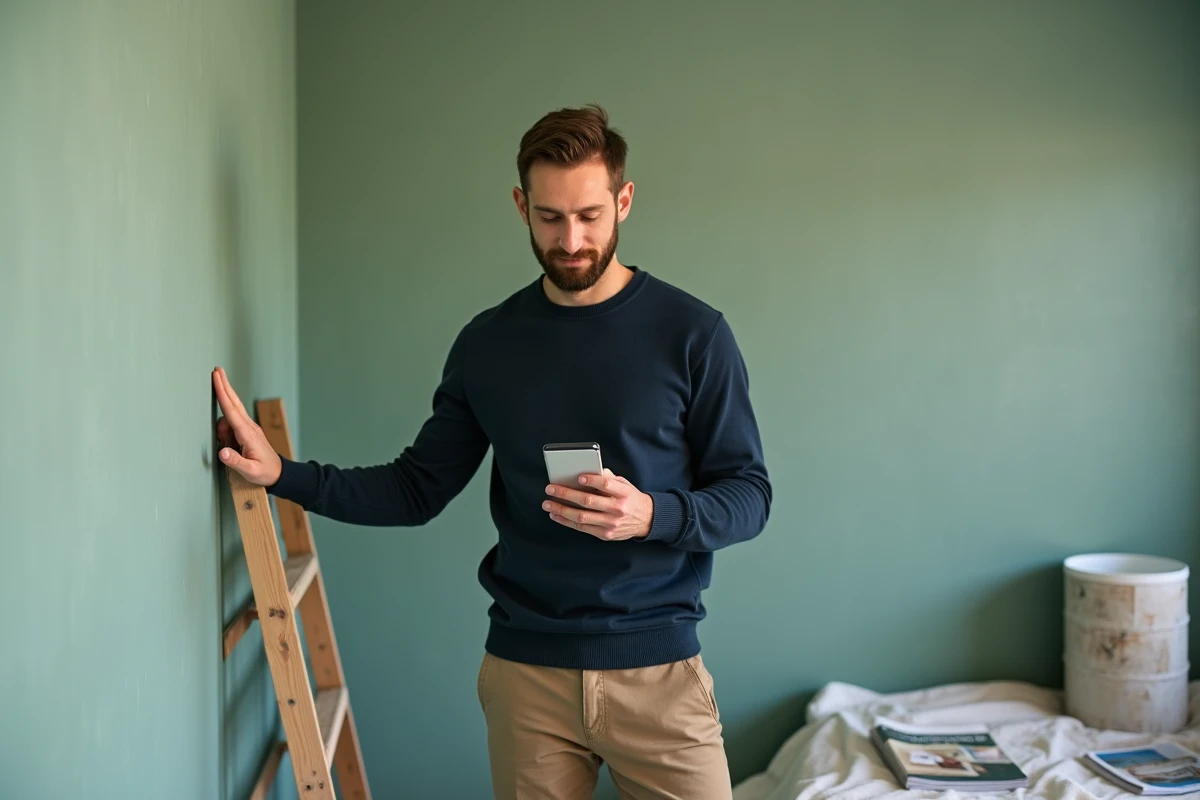 Homme comparant une suggestion de couleur d'application de décoration sur smartphone avec un mur peint en vert sauge dans une chambre en rénovation
