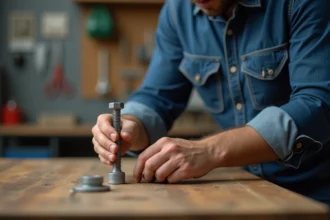 Homme d'âge moyen en denim qui dévisse un boulon dans un atelier