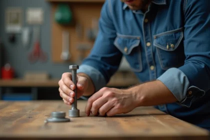Homme d'âge moyen en denim qui dévisse un boulon dans un atelier