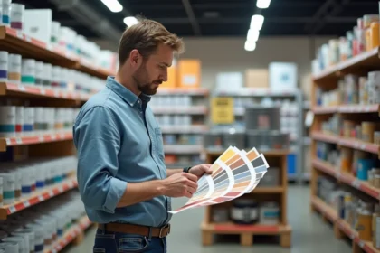 Homme d'âge moyen examine un nuancier de peinture en magasin