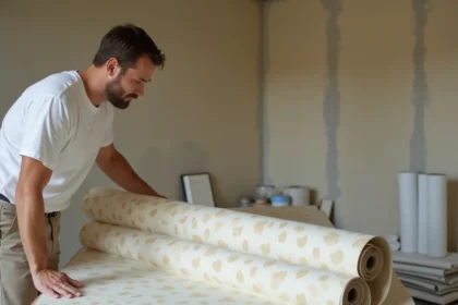 Homme déroulant un rouleau de papier peint sur une table de travail dans une pièce en cours de rénovation