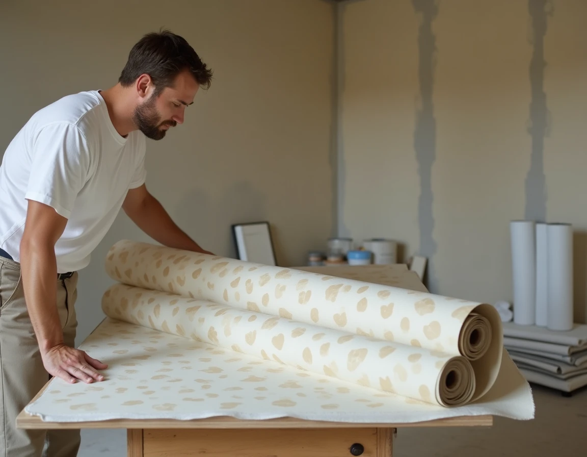 Homme déroulant un rouleau de papier peint sur une table de travail dans une pièce en cours de rénovation