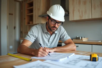 Homme en casque de chantier examinant des devis de travaux sur une table en bois dans une cuisine en rénovation