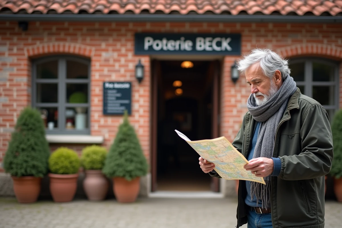 Homme regardant une carte devant la façade de la poterie