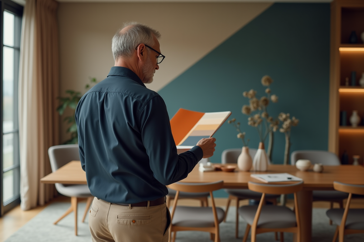 Homme vérifiant des échantillons de tissu dans une salle à manger