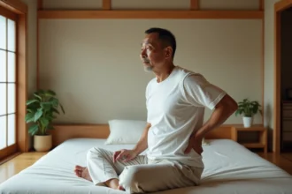 Homme japonais assis sur un futon traditionnel dans une chambre minimaliste
